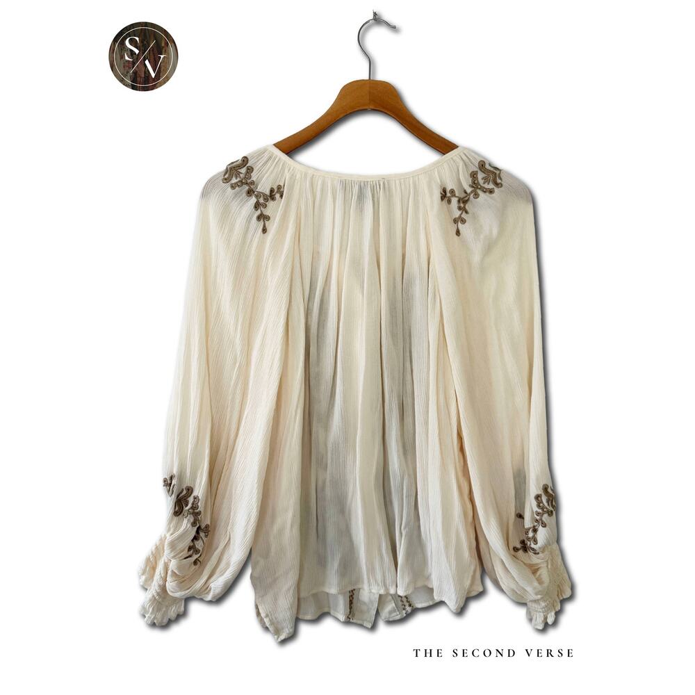 Karen Kane Long Sleeve Embroidery Crinkle Gauze Boho Top Cream Size Medium - Picture 3 of 13